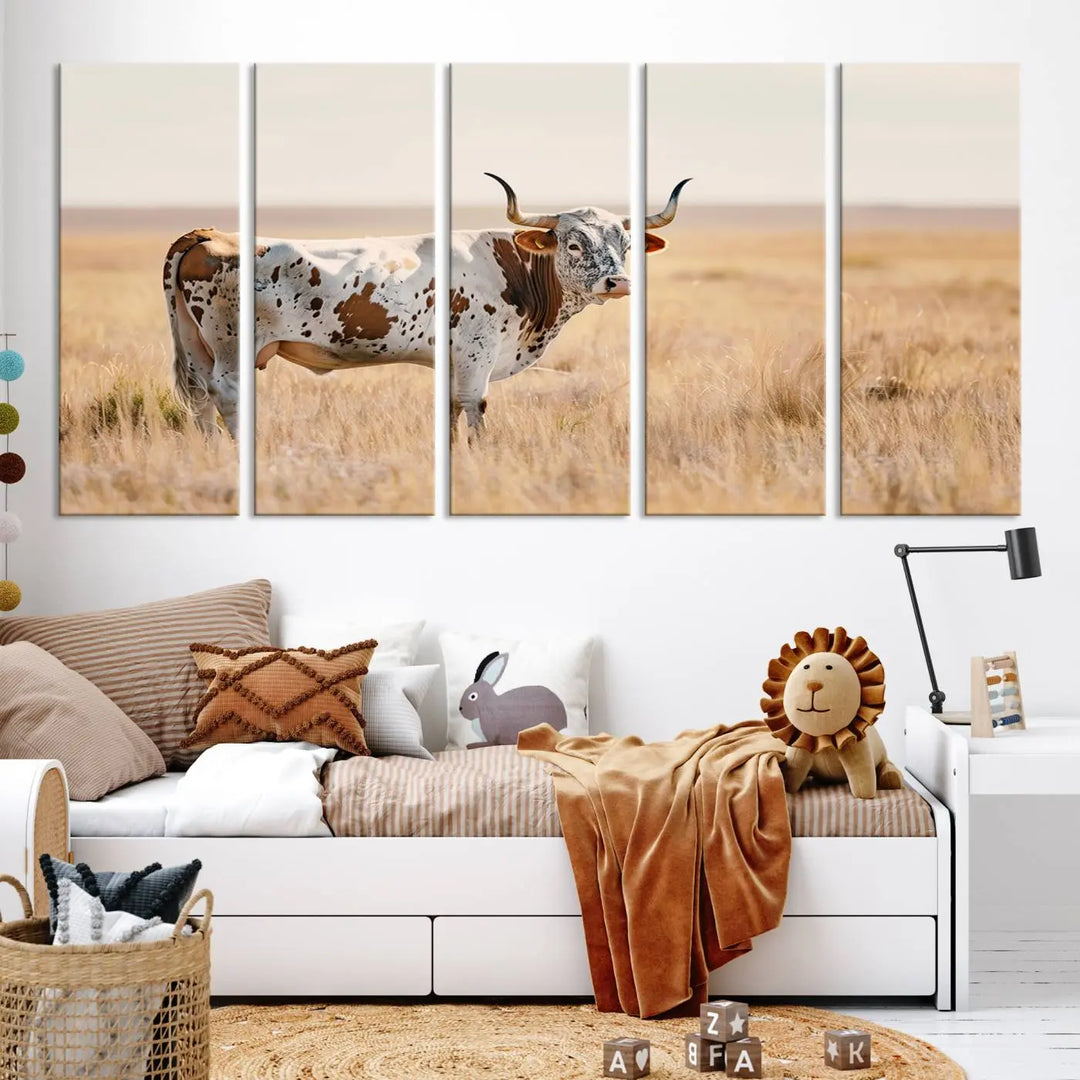 Texas Cow Longhorn Wall Art Canvas Print, capturing a Western-style aesthetic.