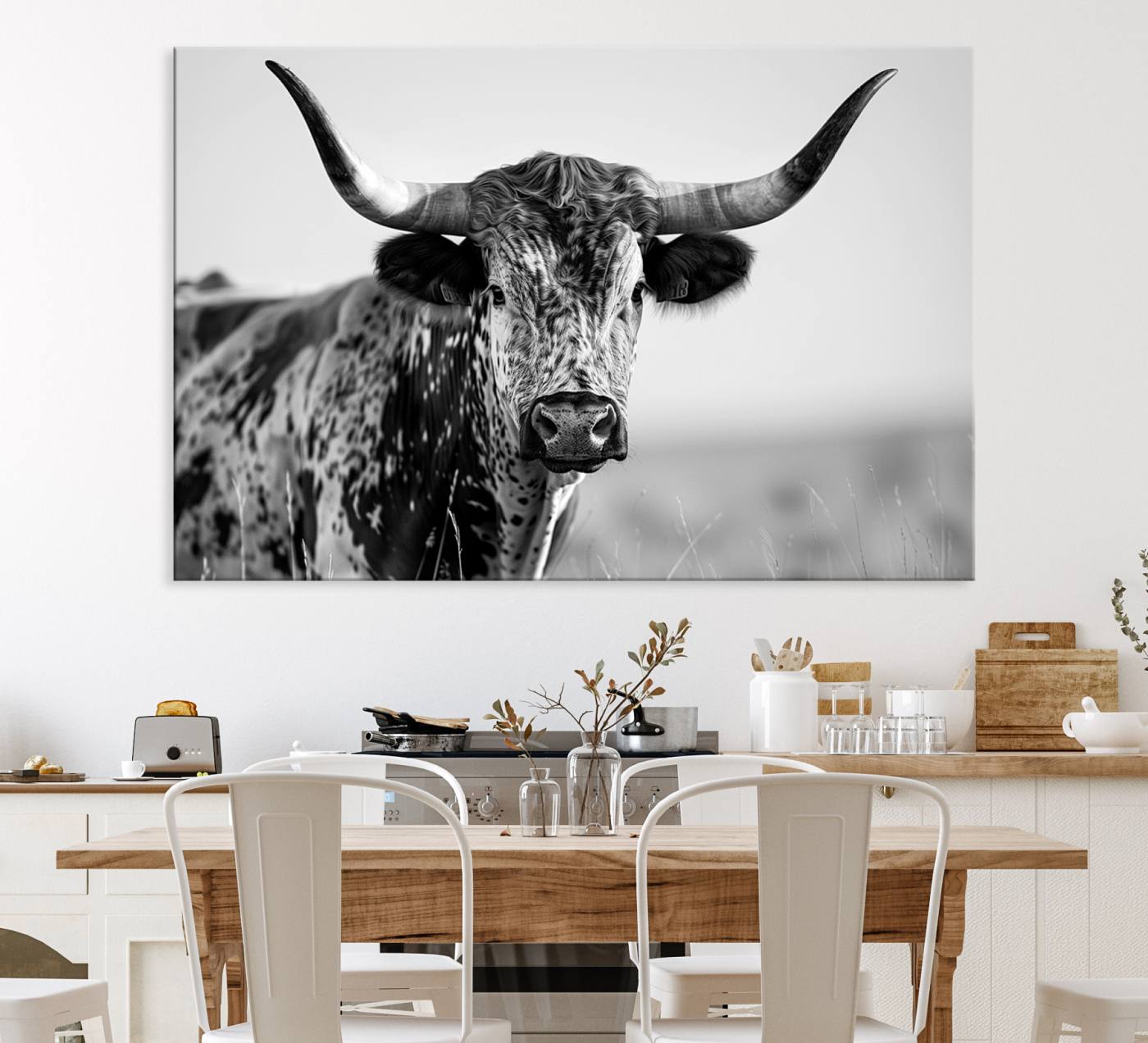 89724-MGV-CV-36X24-Texas Cow Longhorn Wall Art Canvas Print in Black and White – Framed, Ready to Hang