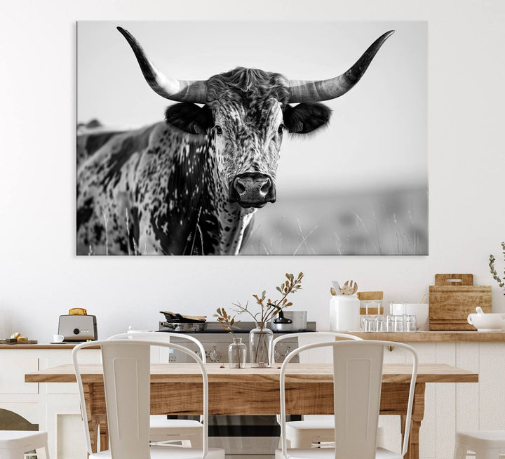 Texas Cow Longhorn Wall Art Canvas Print in Black and White – Framed, Ready to Hang