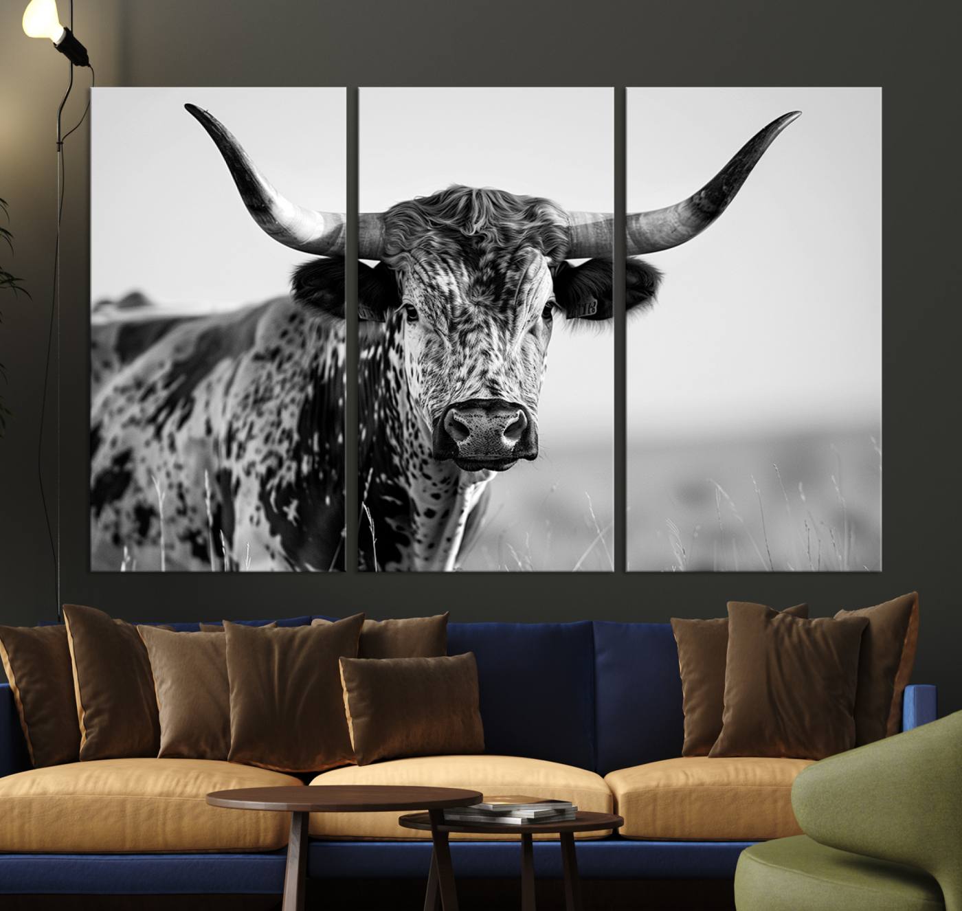 89724-MGV-CV-36X24-Texas Cow Longhorn Wall Art Canvas Print in Black and White – Framed, Ready to Hang