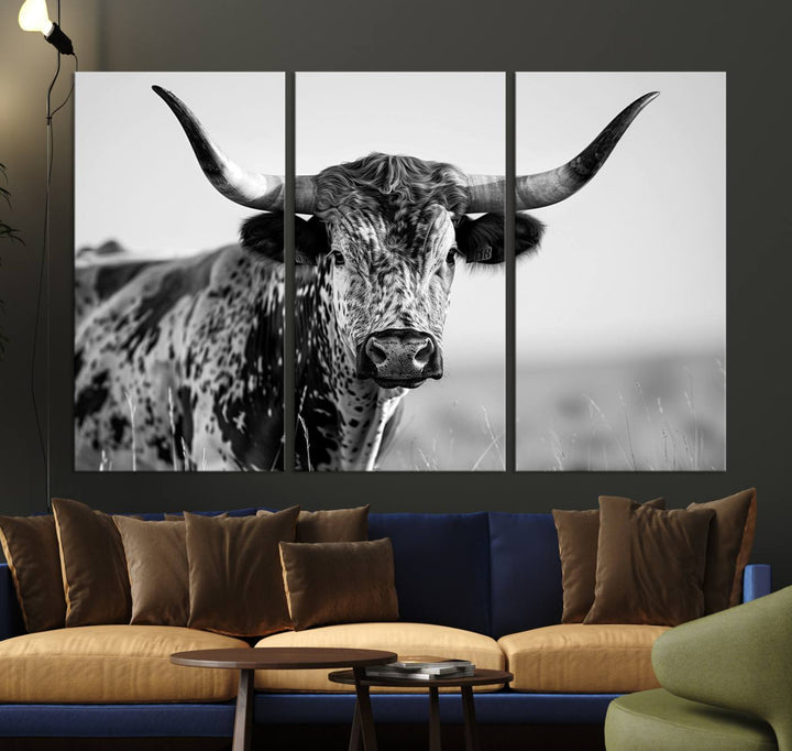 Texas Cow Longhorn Wall Art Canvas Print in Black and White – Framed, Ready to Hang