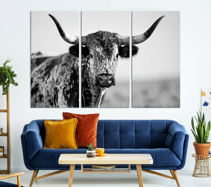 Texas Cow Longhorn Wall Art Canvas Print in Black and White – Framed, Ready to Hang