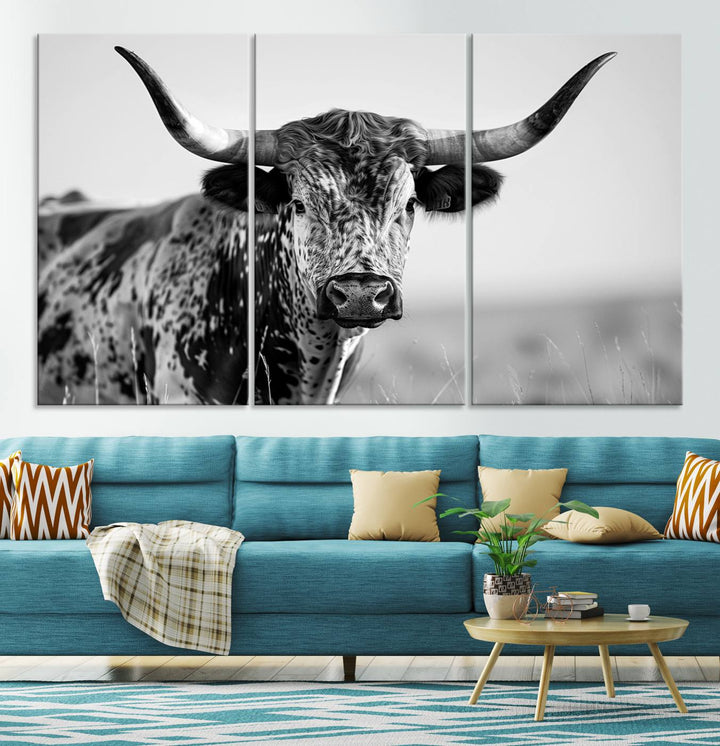Texas Cow Longhorn Wall Art Canvas Print in Black and White – Framed, Ready to Hang