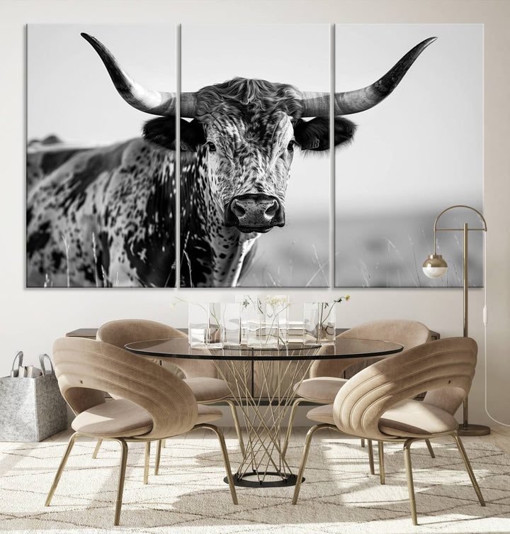 Texas Cow Longhorn Wall Art Canvas Print in Black and White – Framed, Ready to Hang