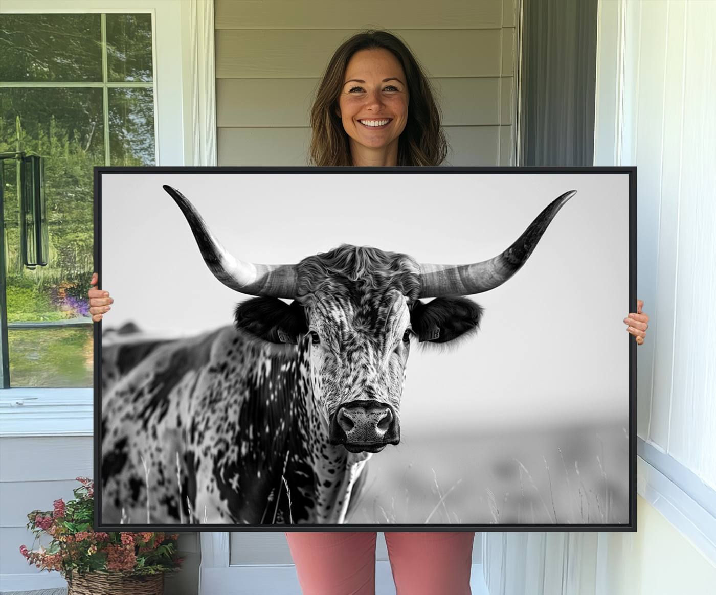 89724-MGV-CV-36X24-Texas Cow Longhorn Wall Art Canvas Print in Black and White – Framed, Ready to Hang