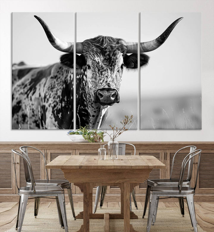 Texas Cow Longhorn Wall Art Canvas Print in Black and White – Framed, Ready to Hang
