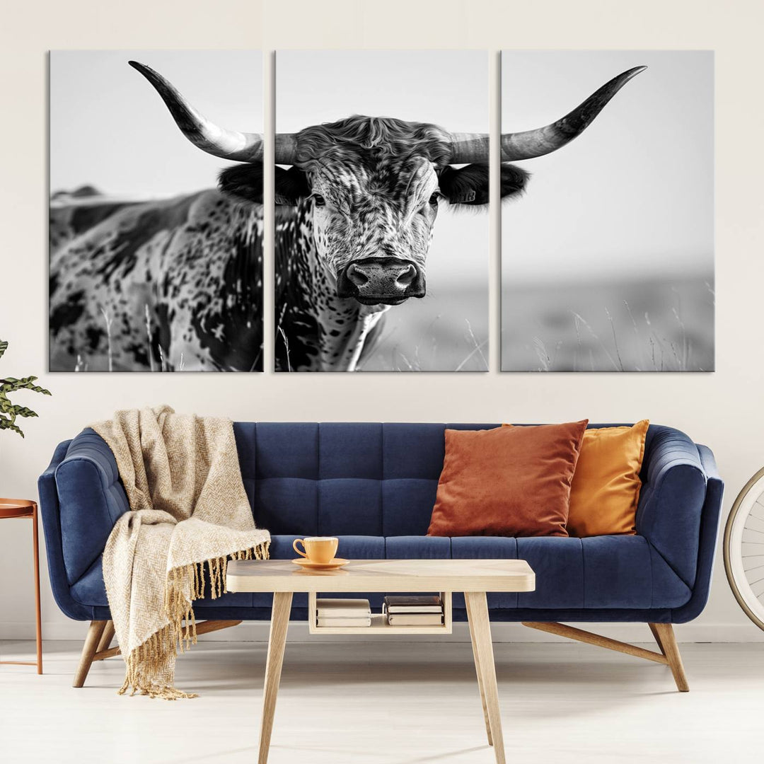 Texas Cow Longhorn Wall Art Canvas Print in Black and White – Framed, Ready to Hang
