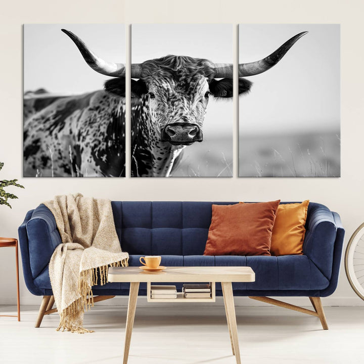 Texas Cow Longhorn Wall Art Canvas Print in Black and White – Framed, Ready to Hang