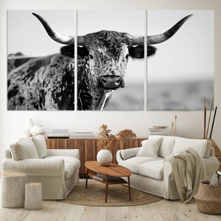 Texas Cow Longhorn Wall Art Canvas Print in Black and White – Framed, Ready to Hang