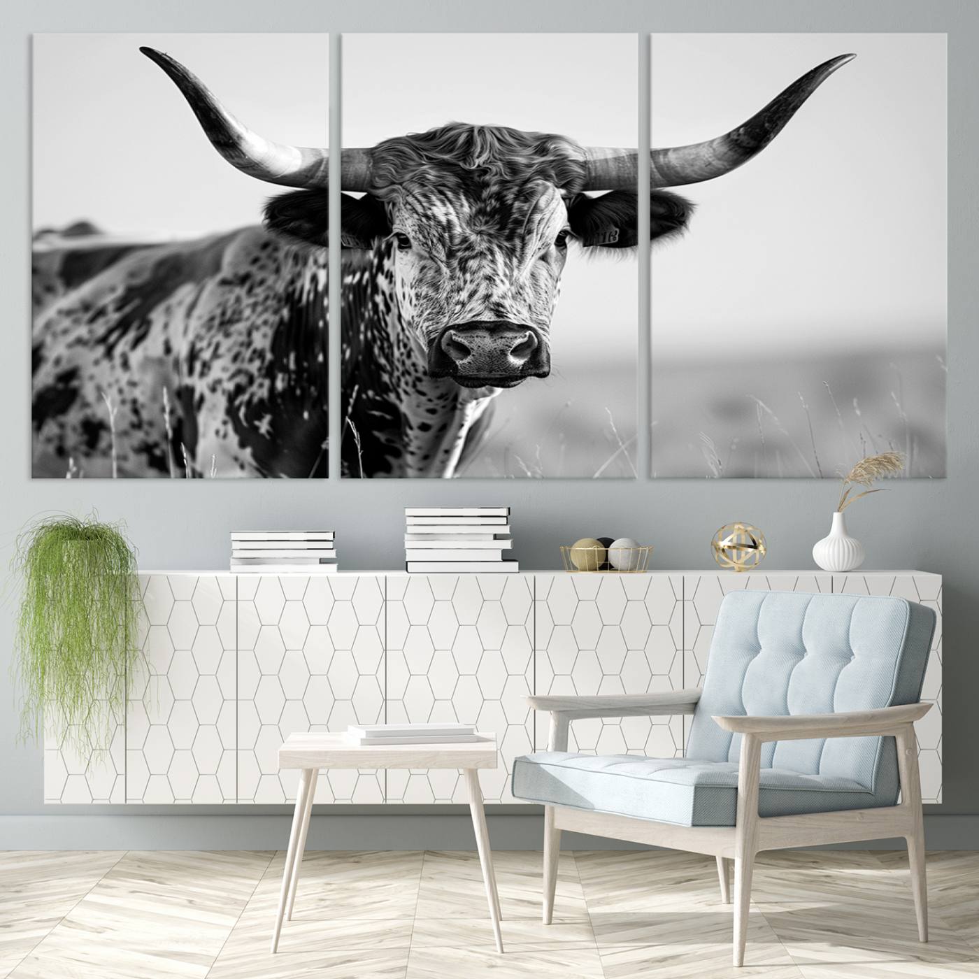 89724-MGV-CV-36X24-Texas Cow Longhorn Wall Art Canvas Print in Black and White – Framed, Ready to Hang