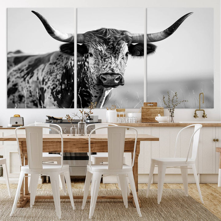 89724-MGV-CV-36X24-Texas Cow Longhorn Wall Art Canvas Print in Black and White – Framed, Ready to Hang