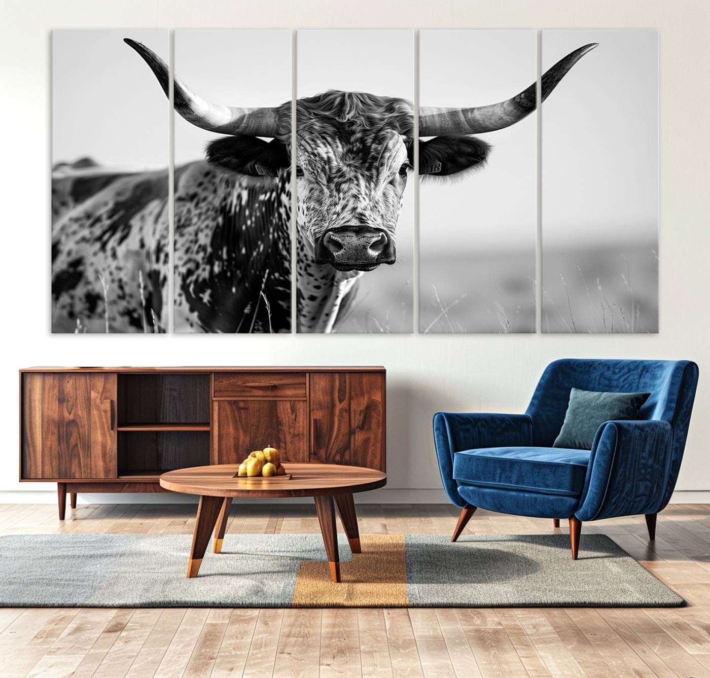 89724-MGV-CV-36X24-Texas Cow Longhorn Wall Art Canvas Print in Black and White – Framed, Ready to Hang