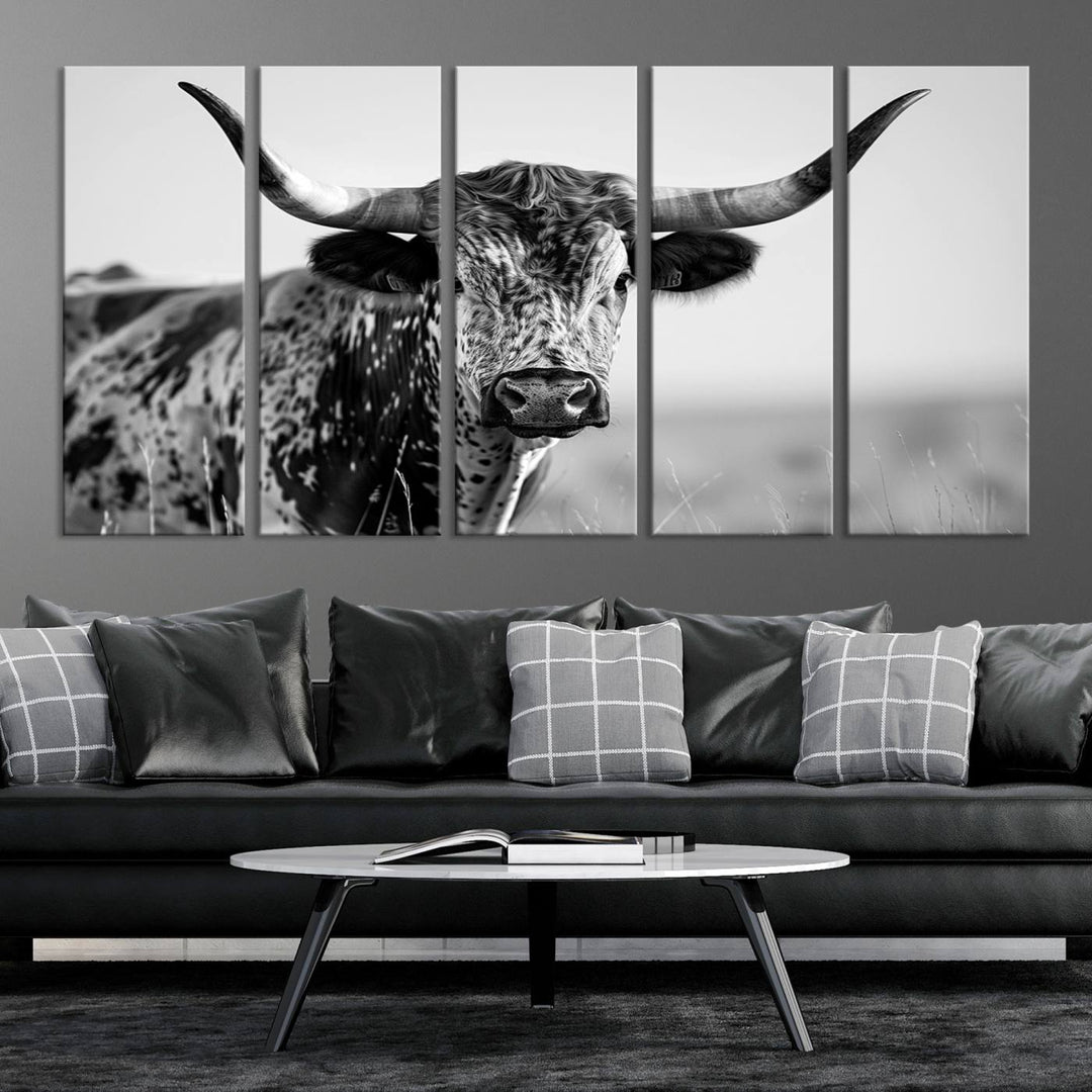 89724-MGV-CV-36X24-Texas Cow Longhorn Wall Art Canvas Print in Black and White – Framed, Ready to Hang