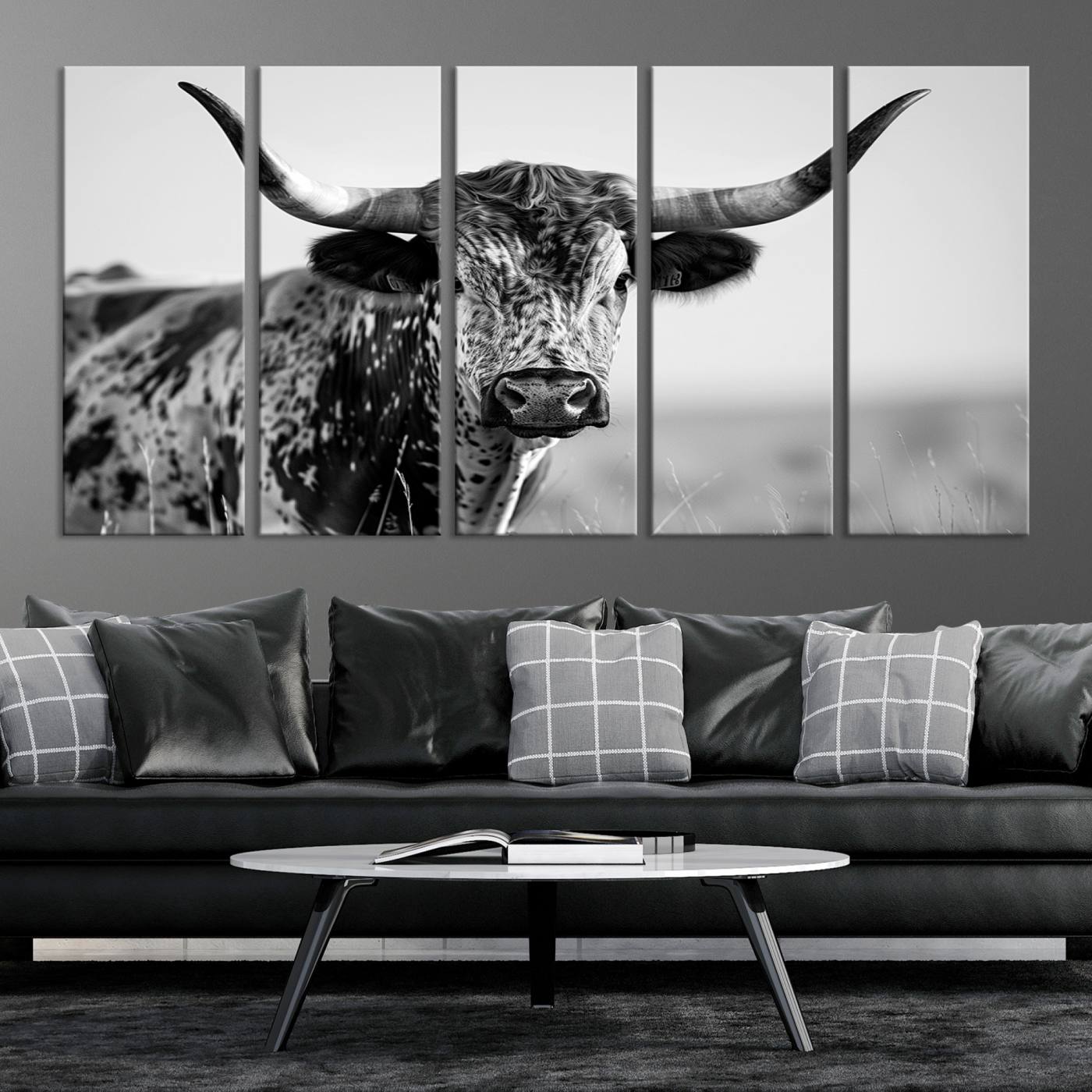 89724-MGV-CV-36X24-Texas Cow Longhorn Wall Art Canvas Print in Black and White – Framed, Ready to Hang