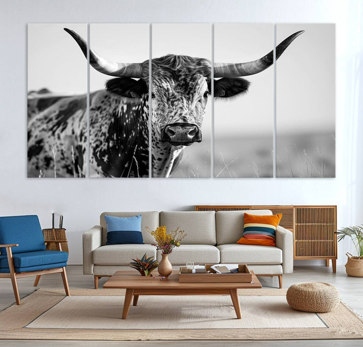 89724-MGV-CV-36X24-Texas Cow Longhorn Wall Art Canvas Print in Black and White – Framed, Ready to Hang