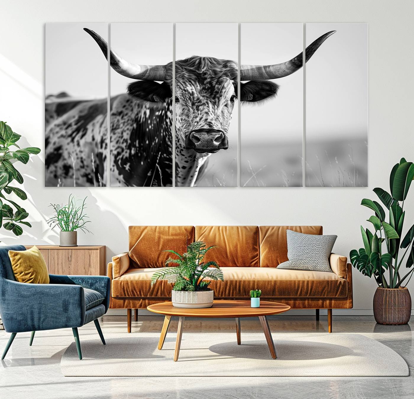 89724-MGV-CV-36X24-Texas Cow Longhorn Wall Art Canvas Print in Black and White – Framed, Ready to Hang