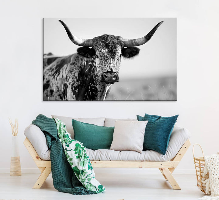 Texas Cow Longhorn Wall Art Canvas Print in Black and White – Framed, Ready to Hang