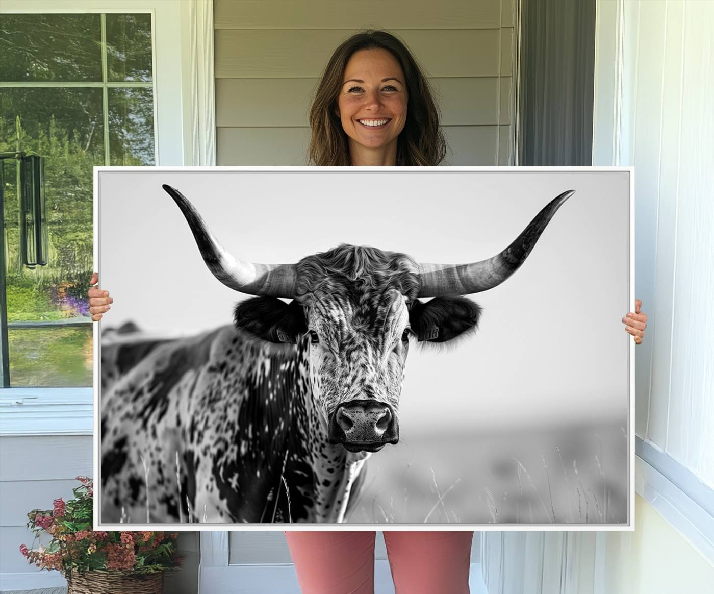 89724-MGV-CV-36X24-Texas Cow Longhorn Wall Art Canvas Print in Black and White – Framed, Ready to Hang