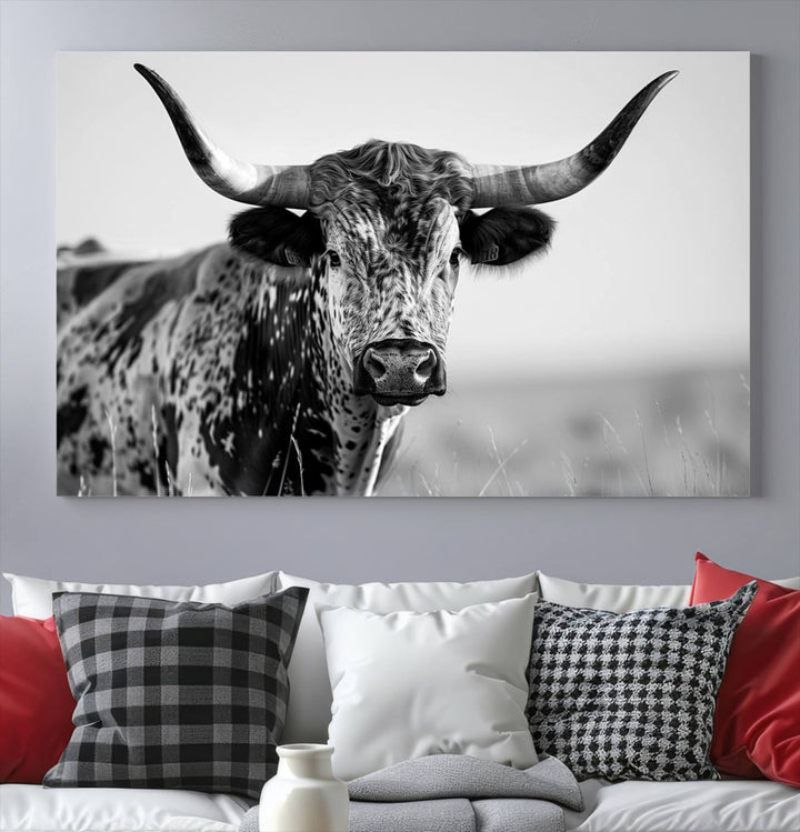 Texas Cow Longhorn Wall Art Canvas Print in Black and White – Framed, Ready to Hang
