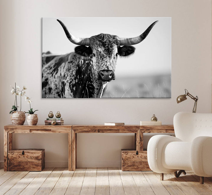 Texas Cow Longhorn Wall Art Canvas Print in Black and White – Framed, Ready to Hang