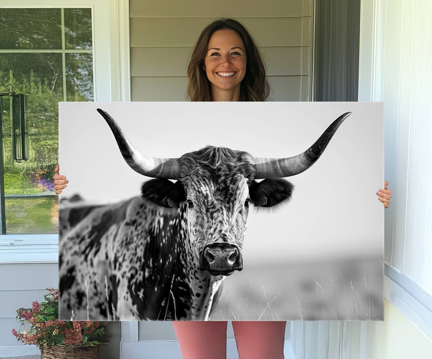 89724-MGV-CV-36X24-Texas Cow Longhorn Wall Art Canvas Print in Black and White – Framed, Ready to Hang