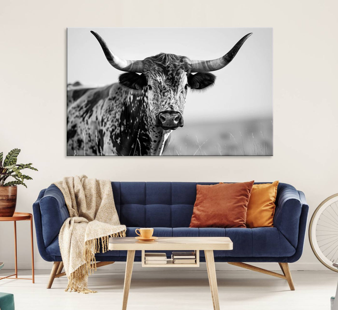 Texas Cow Longhorn Wall Art Canvas Print in Black and White – Framed, Ready to Hang