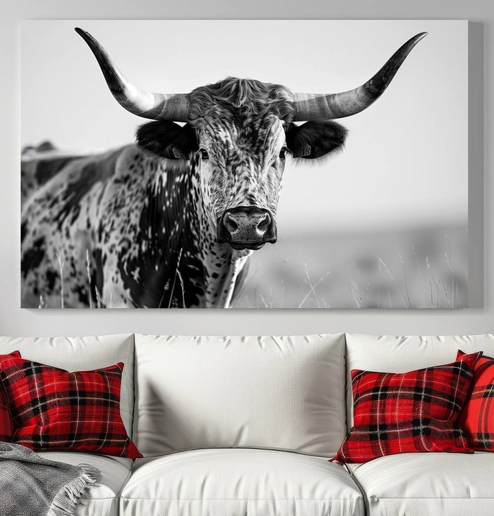Texas Cow Longhorn Wall Art Canvas Print in Black and White – Framed, Ready to Hang