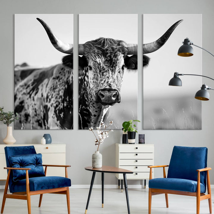 Texas Cow Longhorn Wall Art Canvas Print in Black and White – Framed, Ready to Hang