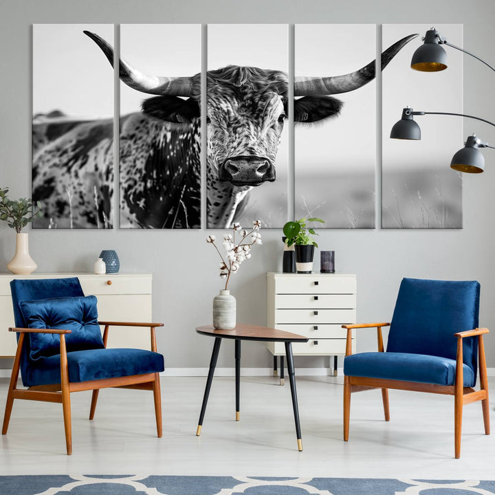 89724-MGV-CV-60X31-5P-Texas Cow Longhorn Wall Art Canvas Print in Black and White – Framed, Ready to Hang