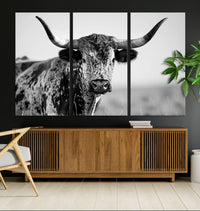 Texas Cow Longhorn Wall Art Canvas Print in Black and White – Framed, Ready to Hang