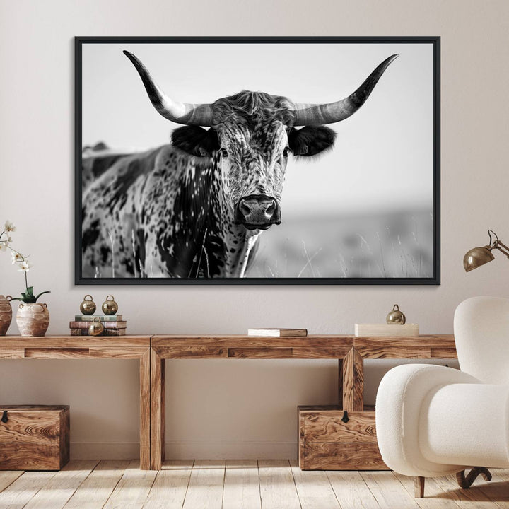 89724-MGV-FC-36X24_Black-Texas Cow Longhorn Wall Art Canvas Print in Black and White – Framed, Ready to Hang
