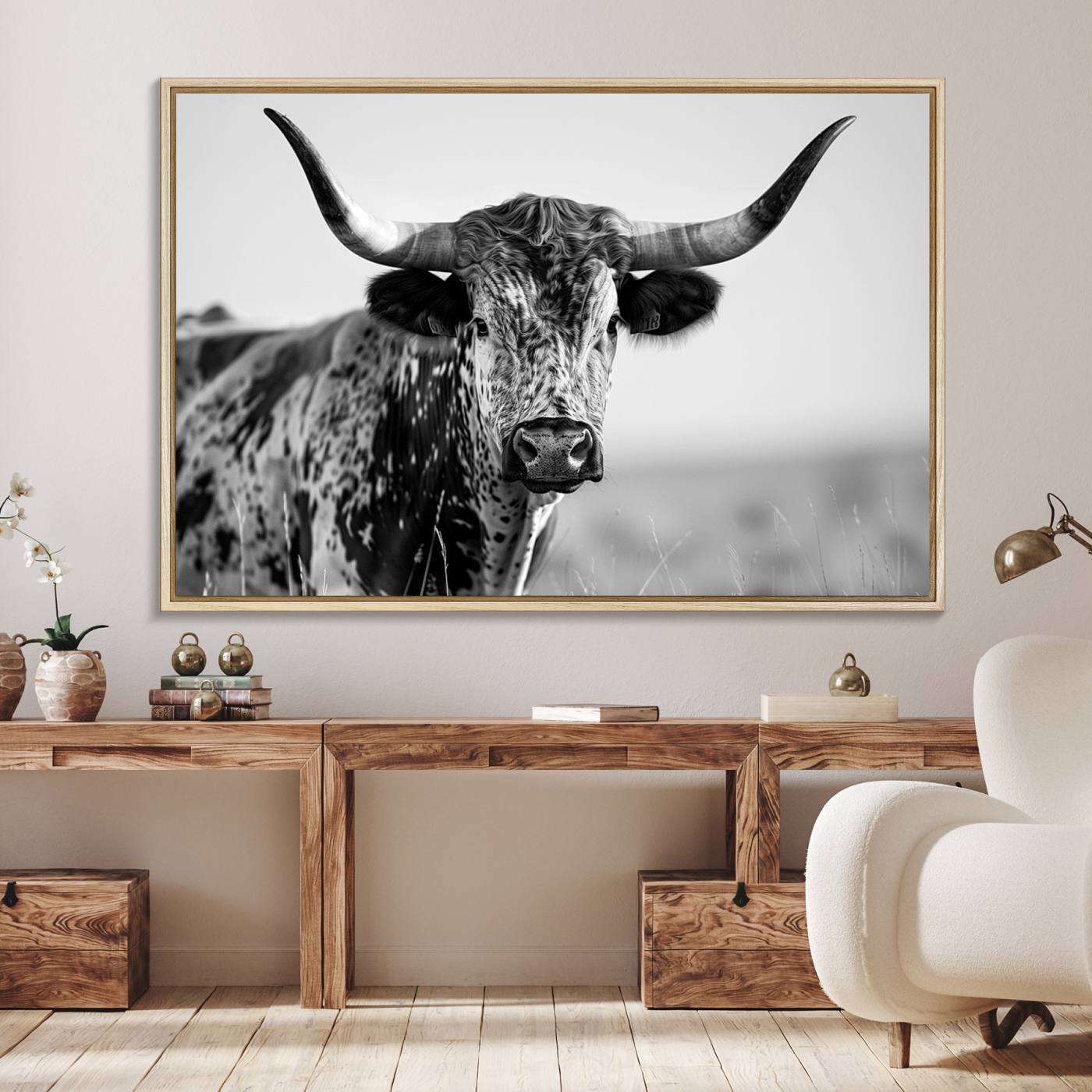 89724-MGV-FC-36X24_Natural-Texas Cow Longhorn Wall Art Canvas Print in Black and White – Framed, Ready to Hang