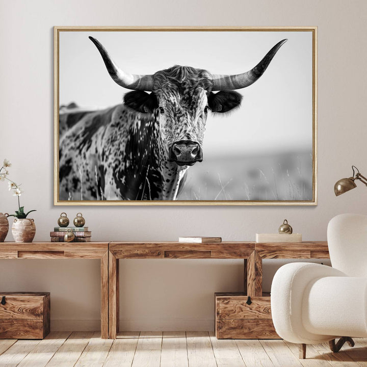 89724-MGV-FC-36X24_Natural-Texas Cow Longhorn Wall Art Canvas Print in Black and White – Framed, Ready to Hang