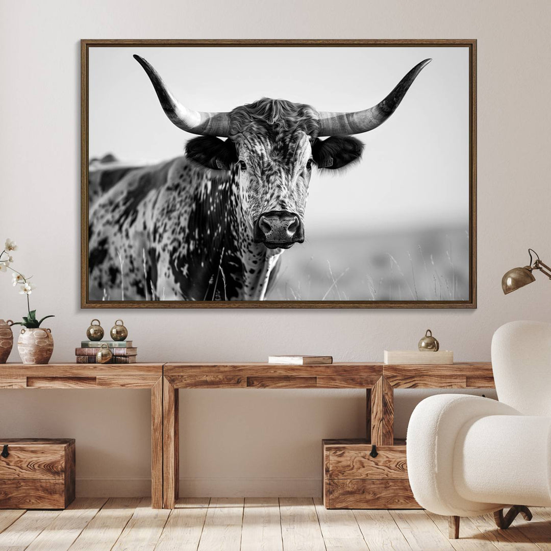 89724-MGV-FC-36X24_Walnut-Texas Cow Longhorn Wall Art Canvas Print in Black and White – Framed, Ready to Hang