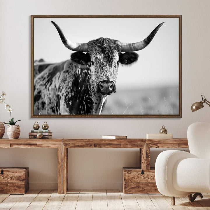 89724-MGV-FC-36X24_Walnut-Texas Cow Longhorn Wall Art Canvas Print in Black and White – Framed, Ready to Hang