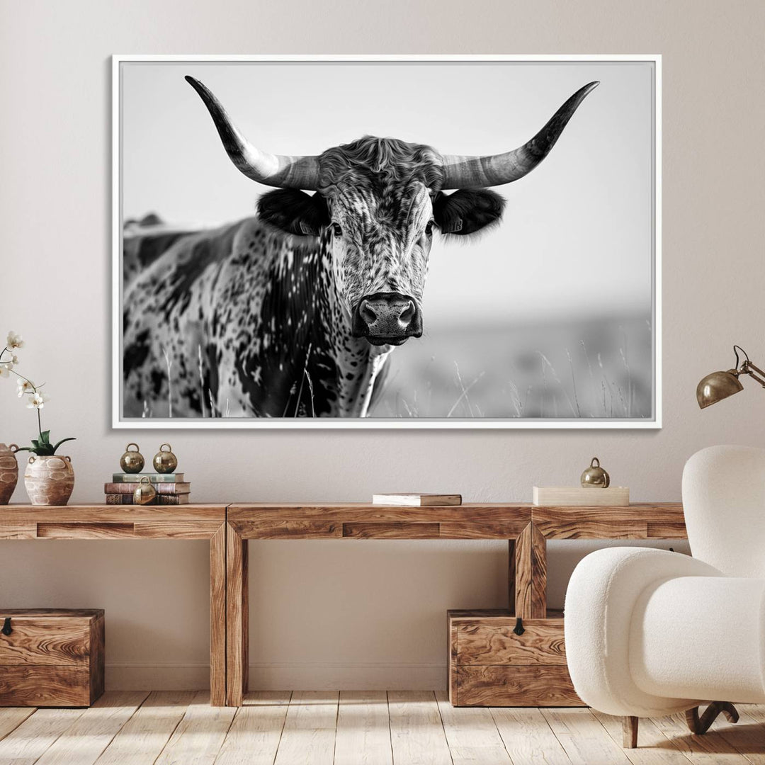 89724-MGV-FC-36X24_White-Texas Cow Longhorn Wall Art Canvas Print in Black and White – Framed, Ready to Hang