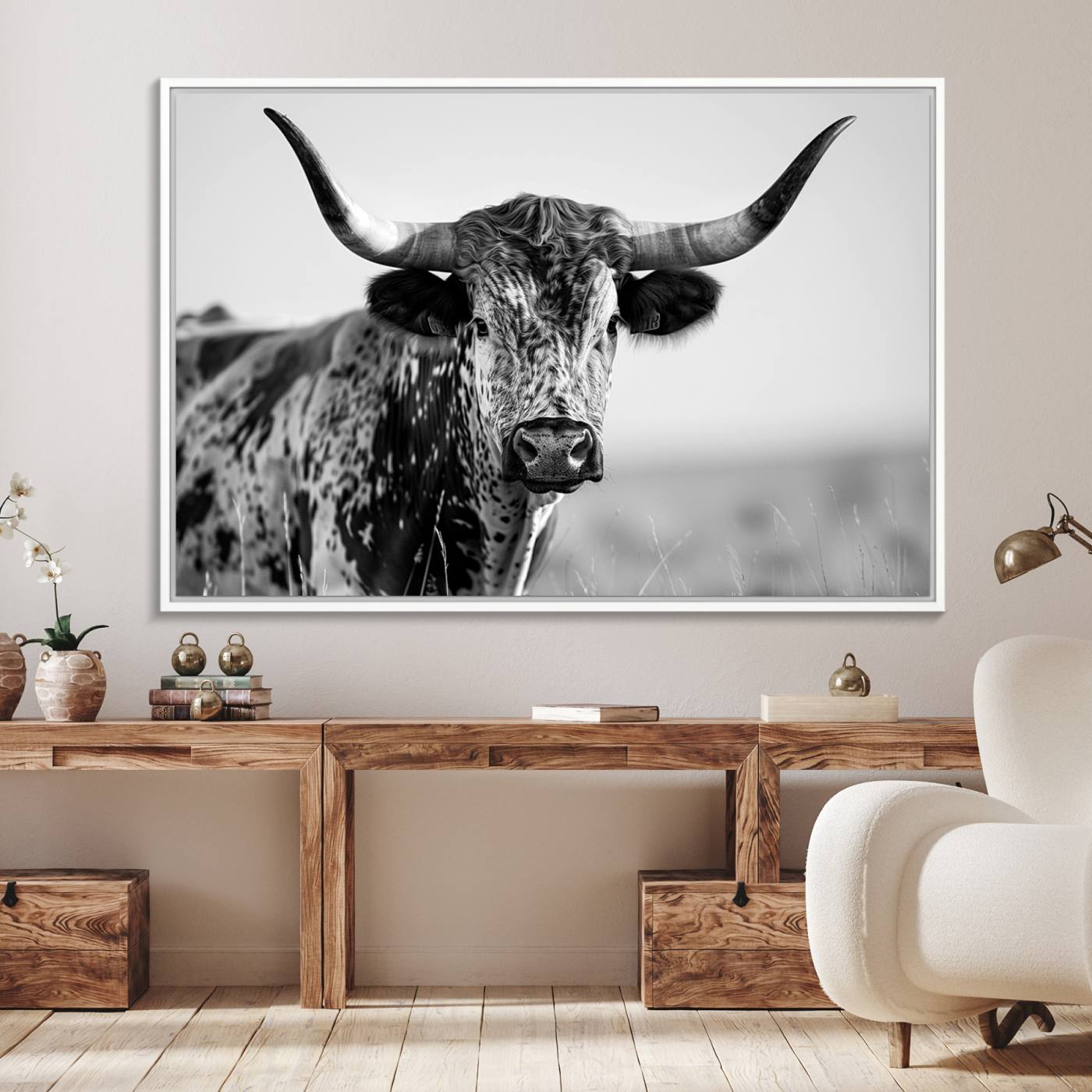 89724-MGV-FC-36X24_White-Texas Cow Longhorn Wall Art Canvas Print in Black and White – Framed, Ready to Hang
