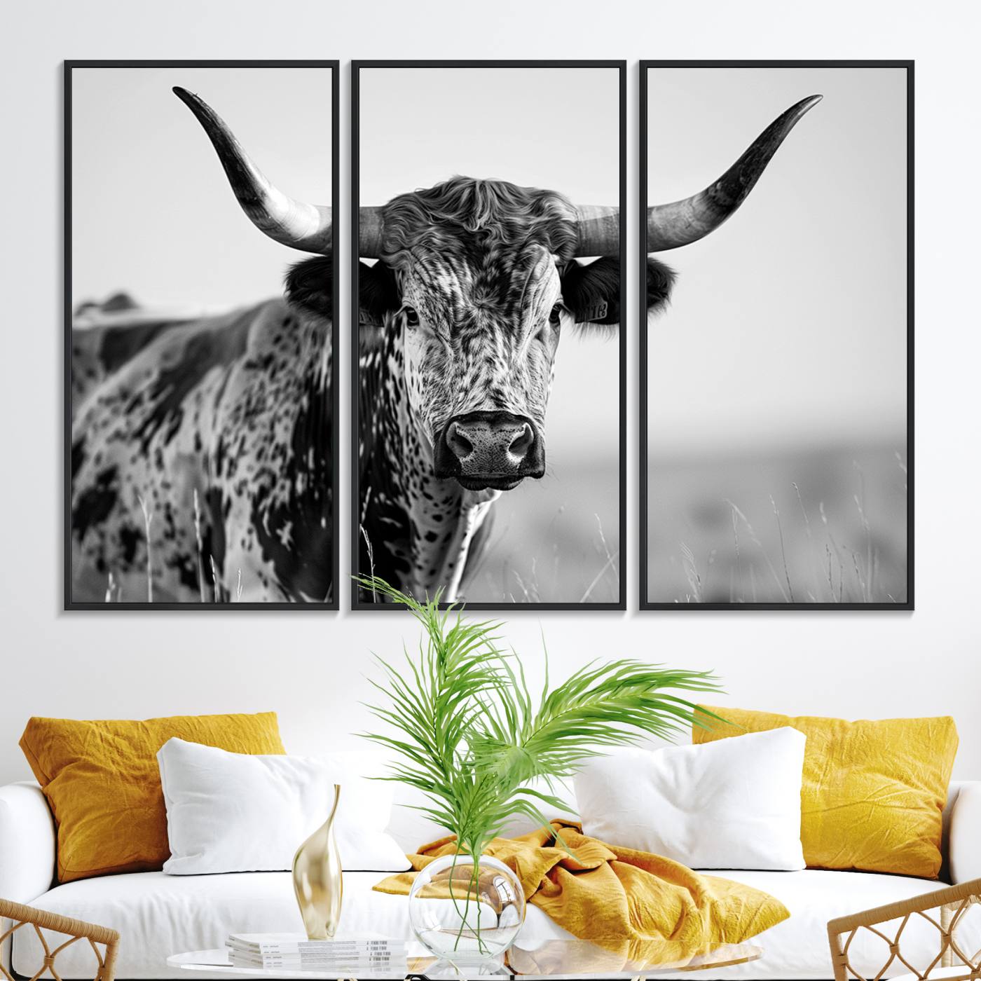 89724-MGV-FC-48X32-3P_Black-Texas Cow Longhorn Wall Art Canvas Print in Black and White – Framed, Ready to Hang