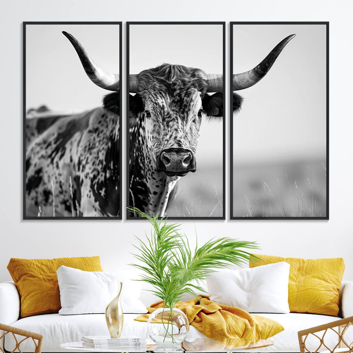 89724-MGV-FC-48X32-3P_Black-Texas Cow Longhorn Wall Art Canvas Print in Black and White – Framed, Ready to Hang