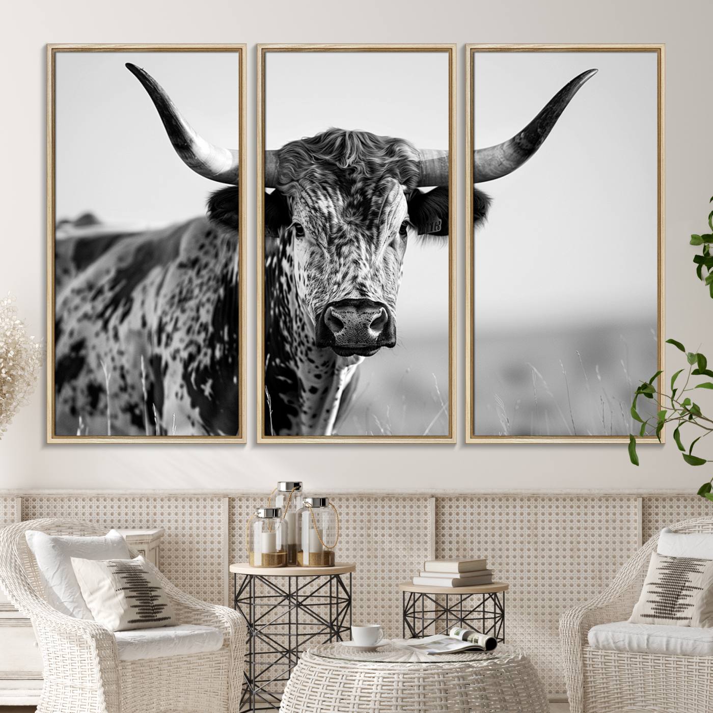 89724-MGV-FC-48X32-3P_Natural-Texas Cow Longhorn Wall Art Canvas Print in Black and White – Framed, Ready to Hang