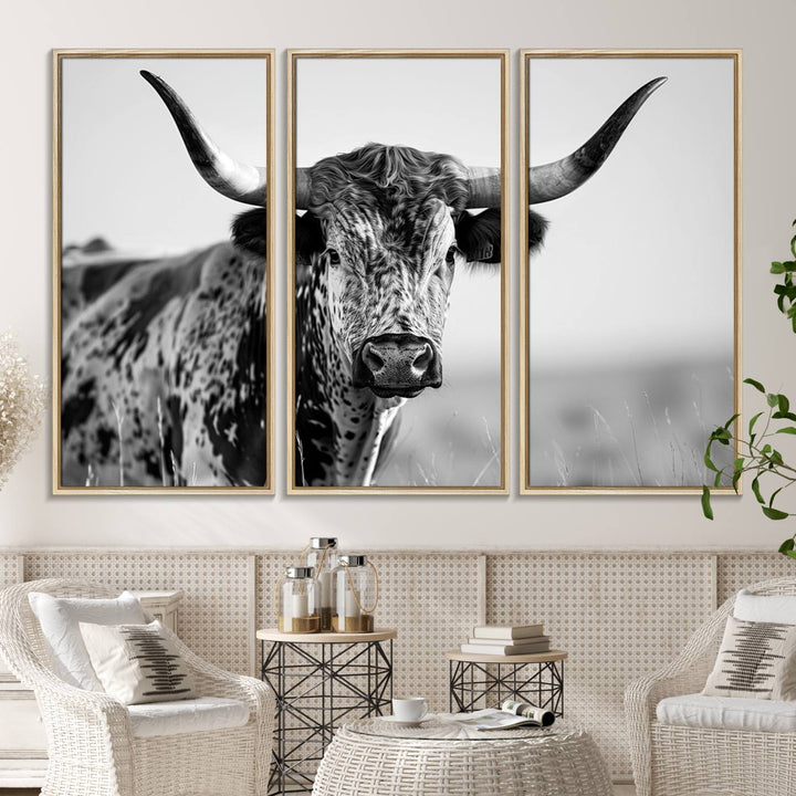 89724-MGV-FC-48X32-3P_Natural-Texas Cow Longhorn Wall Art Canvas Print in Black and White – Framed, Ready to Hang