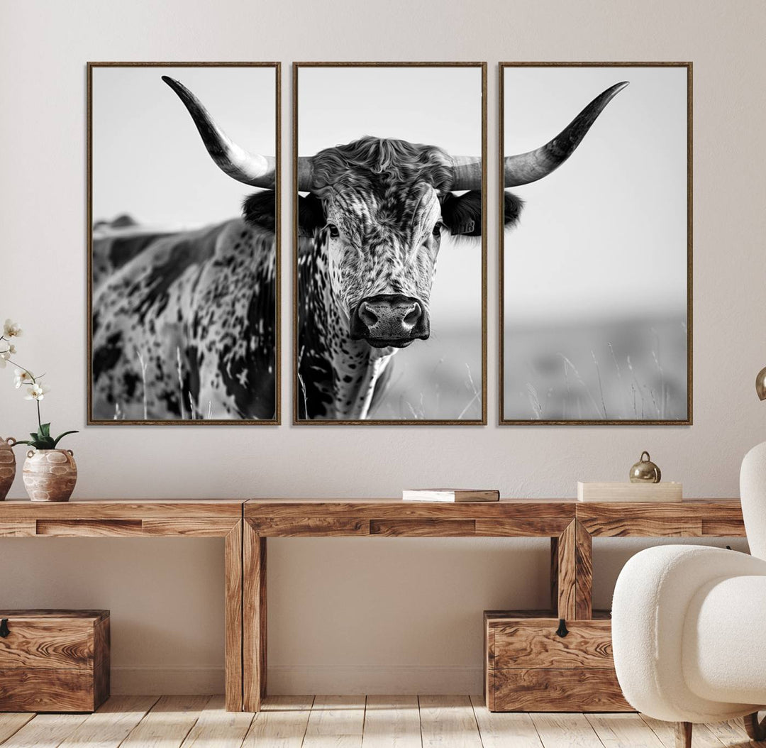 89724-MGV-FC-48X32-3P_Walnut-Texas Cow Longhorn Wall Art Canvas Print in Black and White – Framed, Ready to Hang