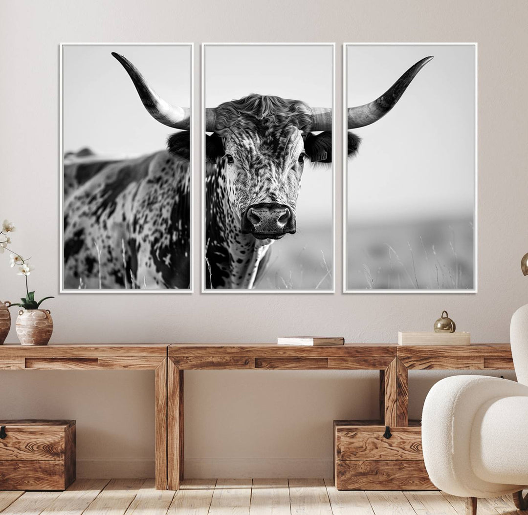 89724-MGV-FC-48X32-3P_White-Texas Cow Longhorn Wall Art Canvas Print in Black and White – Framed, Ready to Hang