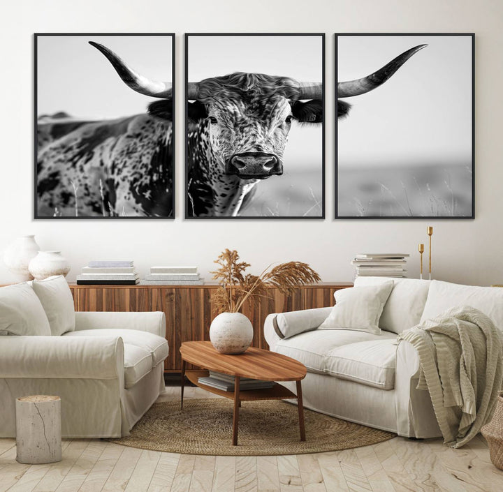 89724-MGV-FC-60X30-3P_Black-Texas Cow Longhorn Wall Art Canvas Print in Black and White – Framed, Ready to Hang