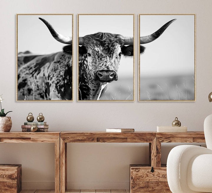 89724-MGV-FC-60X30-3P_Natural-Texas Cow Longhorn Wall Art Canvas Print in Black and White – Framed, Ready to Hang