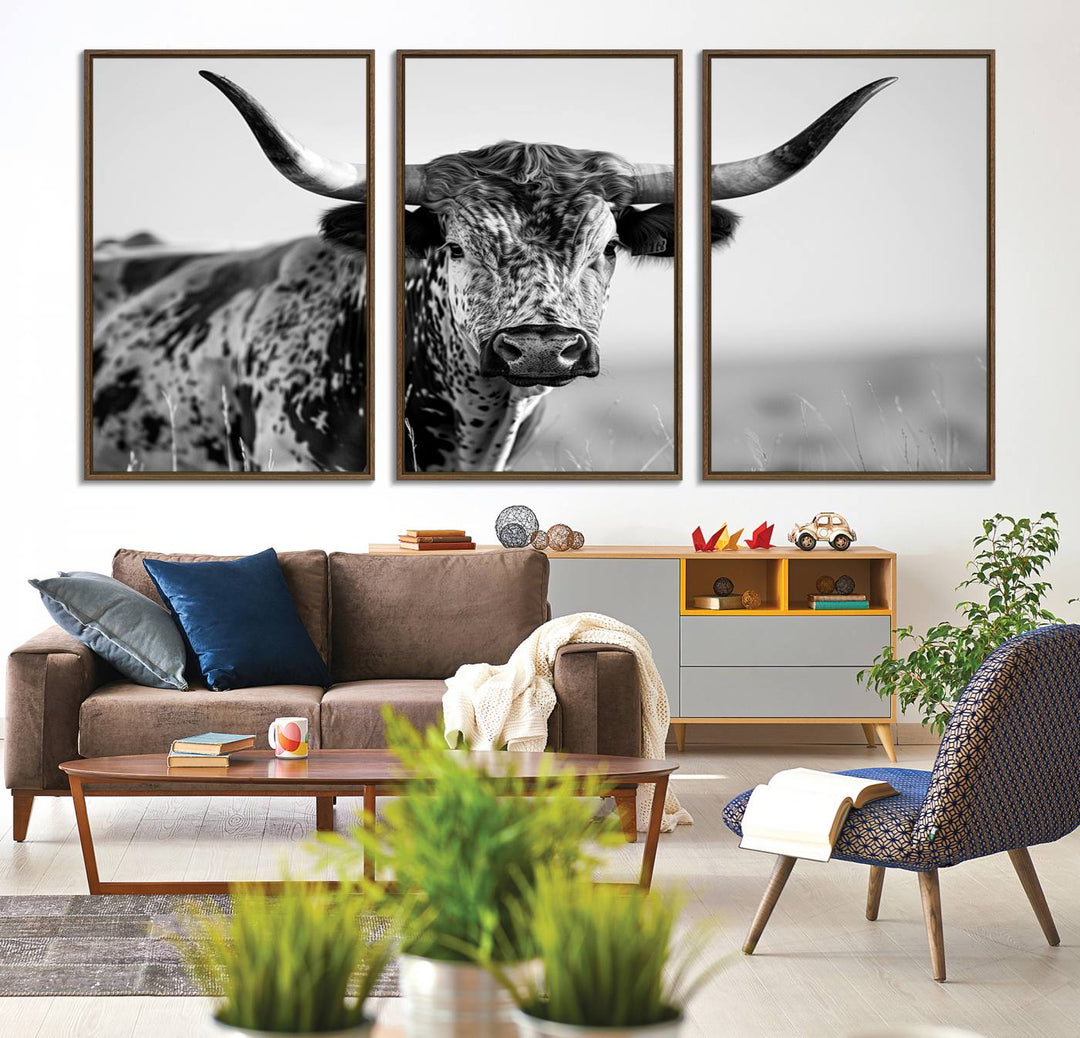 89724-MGV-FC-60X30-3P_Walnut-Texas Cow Longhorn Wall Art Canvas Print in Black and White – Framed, Ready to Hang