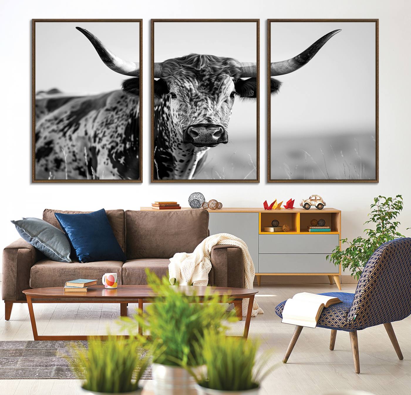 89724-MGV-FC-60X30-3P_Walnut-Texas Cow Longhorn Wall Art Canvas Print in Black and White – Framed, Ready to Hang