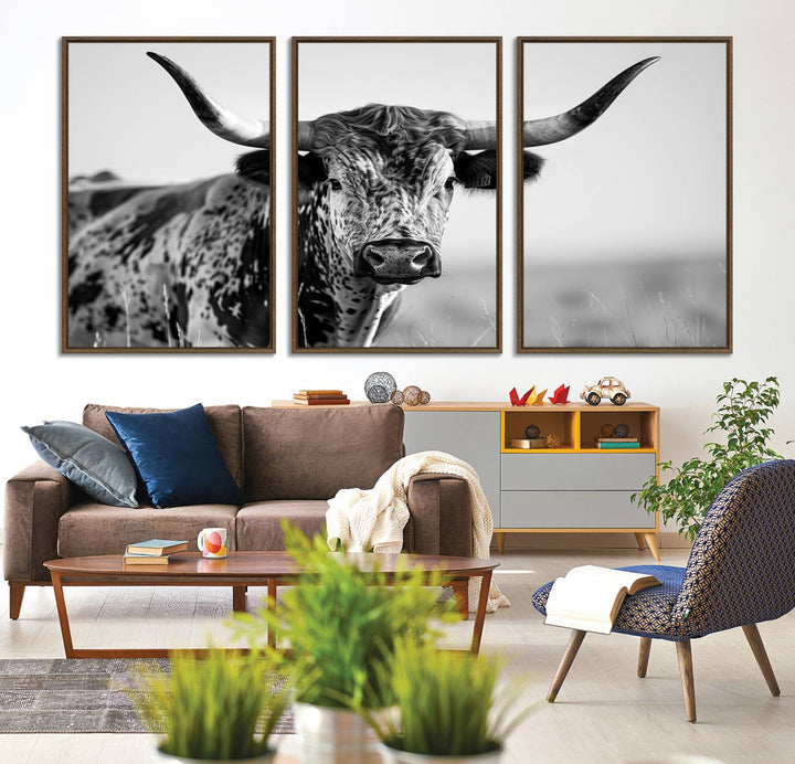89724-MGV-FC-60X30-3P_Walnut-Texas Cow Longhorn Wall Art Canvas Print in Black and White – Framed, Ready to Hang