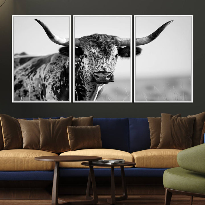 89724-MGV-FC-60X30-3P_White-Texas Cow Longhorn Wall Art Canvas Print in Black and White – Framed, Ready to Hang