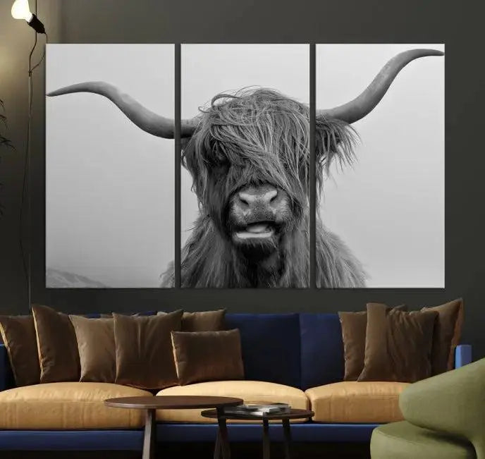 Texas Cow Wall Art Canvas Print in black and white, featuring a long-horned Highland cow, printed on museum-quality canvas with UV protection. It's perfect for enhancing any sophisticated space.